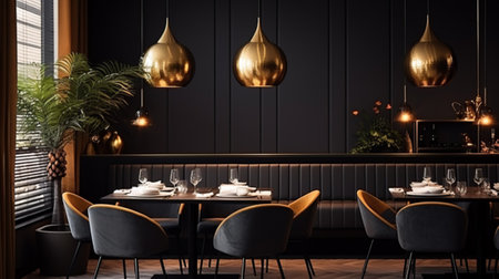 Interior of cozy restaurant. Contemporary design in loft style, modern dining place and bar counter, copy spaceの素材