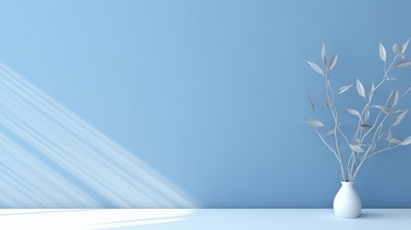 Blue wall and abstract plant. Minimal abstract background for product presentation. Spring and winterの素材