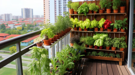Vertical garden on a high-rise apartment balcony, filled with a variety of wildflowers and green foliage, creating a lush oasis amidst the urban environmentの素材