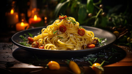 Italian pasta with white sauce basil and parmesan cheese in dark plateの素材