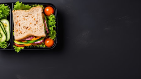 Wholegrain sandwich with fresh salad in a transparent lunch boxの素材