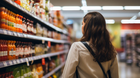 a photo of a young  woman shopping in supermarket and buying groceries and food products in the store. photo taken from behind her back.の素材