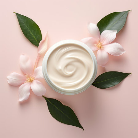 Jar with cream and flowers on white background, Concept natural cosmetics, organic beauty, flower arrangement, top view, flat lay.の素材
