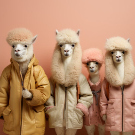 A group of adorable alpacas dressed like people. Fun, party, humor conceptの素材
