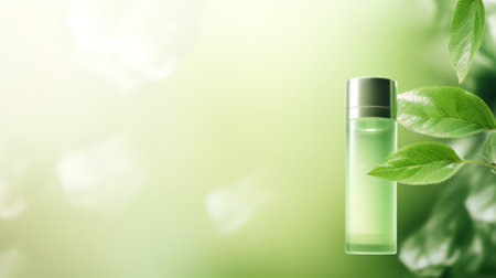 Cosmetic bottle with tropical leaves on the green background with copy space, template mockup for cosmetic packaging, product advertising conceptの素材