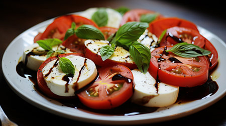 Italian caprese salad with sliced tomatoes, mozzarella cheese, basil, olive oil. Close upの素材