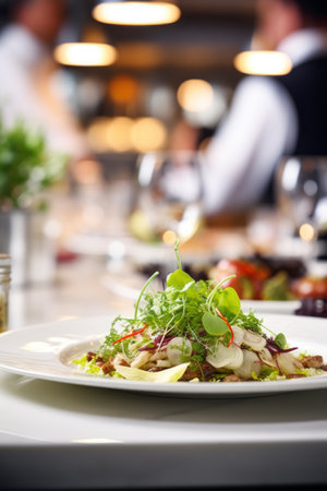 Close-up of an exquisite gourmet salad served on a restaurant table.の素材