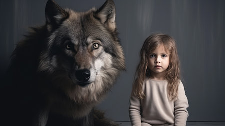 Love to pets concept. Little girl and her best friend, a big dogの素材