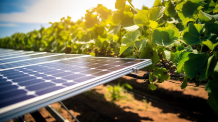 Solar panels facing the sun, supplying power to batteries in a shed. Low carbon footprint to pump water from a dam to irrigate grape vines.の素材
