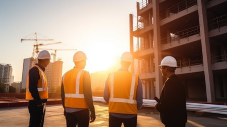 A team of construction engineers talks to managers and construction workers at the construction site. Quality inspection, work plan, home and industrial building design projectの素材