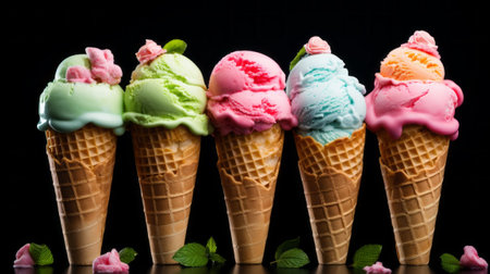 Variety of ice cream cones in a row close upの素材