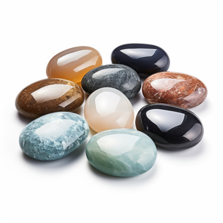 Semi-precious stones of different colors on white backgroundの素材
