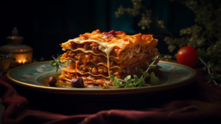 Appetizing freshly cooked lasagna with cheese and herbs close-up. Beautifully served on a dark plate.の素材