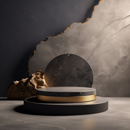 Luxury natural stone podium with gold elements for showing packaging and product on natural background, copy spaceの素材