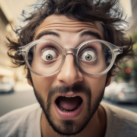 Wow! Surprised young man with opened mouth in glasses.の素材
