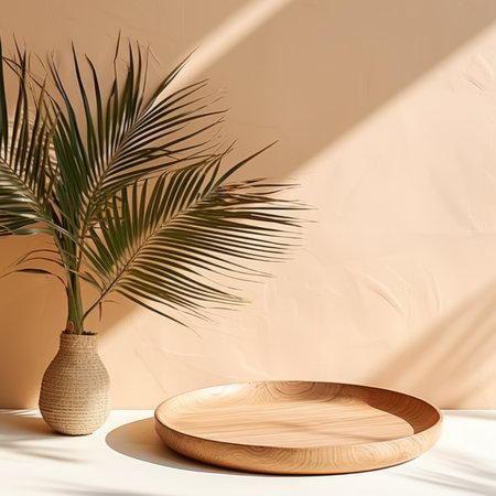 Pedestal for exhibition and tropical plant leaves shadows on wallの素材