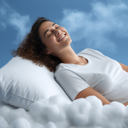 A woman sleeping over a pillow with a cloud form, healthy sleeping conceptの素材