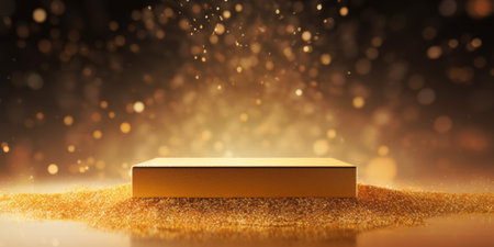 Gold podium on dark background with bokeh. Empty pedestal for award ceremony. Platform illuminated by spotlights.の素材