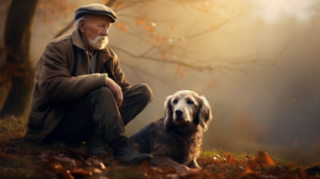 An elderly man with a cap sits in a foggy forest, looking pensively at his black dogの素材
