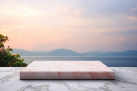 White marble stone podium product display with sea landscape as background.の素材