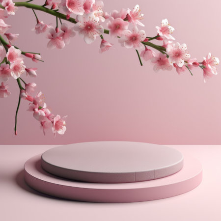 Fresh lush pink sakura flowers on branch with cylinder podium mockup in soft light pink interior on table in floral spring style for presentation cosmetic products, goods, branding, copy space.の素材