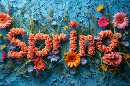 Vibrant flowers form 'SPRING' text on a textured blue surfaceの素材