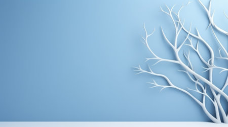 Blue wall and abstract plant. Minimal abstract background for product presentation. Spring and winterの素材