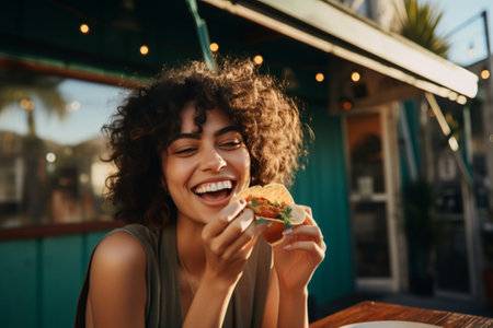 Young woman eating taco on a food court on a sunny summer dayの素材