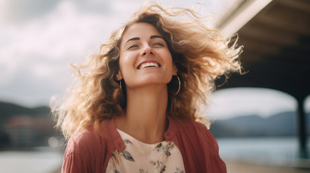 A carefree young woman laughing, with sunlight illuminating her hair in the desert.の素材