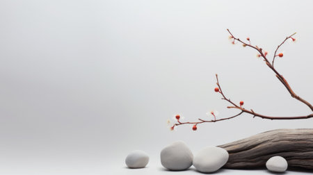 Natural background podium for cosmetic products created from wood, bark and stones on grey background. Creative modern still lifeの素材