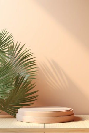 Pedestal for exhibition and tropical plant leaves shadows on wallの素材