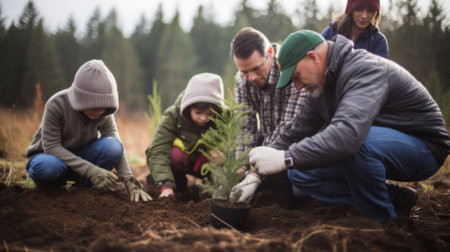 A diverse family honors a loved one's memory by jointly planting a tree in a serene forest, symbolizing life, love, and legacyの素材
