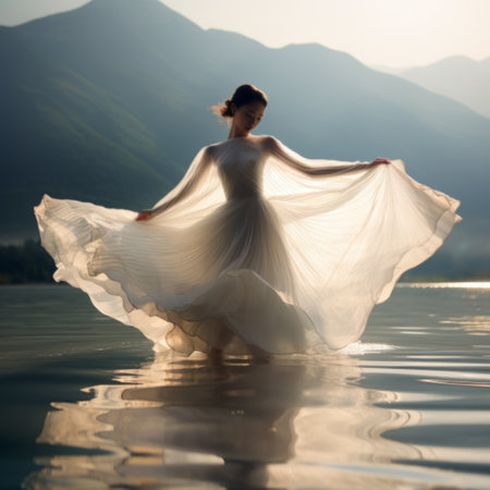 A fabulous girl in a long transparent dress fluttering in the wind dancing on the lakeの素材