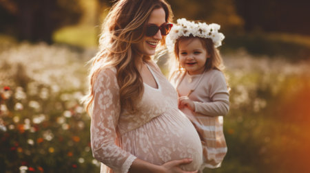 Happy family: a young beautiful pregnant woman with her little cute daughter walking in the wheat field on a sunny summer day. Parents and kids relationship. Nature in the country.の素材