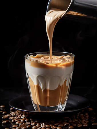 coffee latte with cream being poured into itの素材