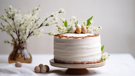 White cake decorated with chocolate Easter eggs and spring flowers banner, Easter holidayの素材
