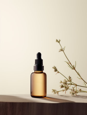 Reusable dark amber glass bottle for oil, cream, lotion or serum on a minimalistic background with  shadows and plants. Presentation of a cosmetic product. Layout of the beauty salon branding.の素材