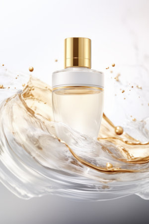 Beauty product bottle mockup, cosmetic container in liquid splash, skincare product packaging front view commercial templateの素材