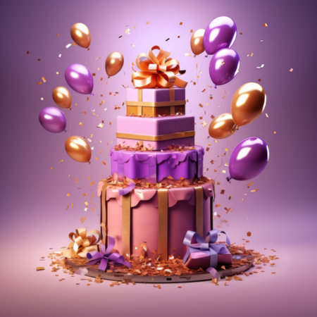 birthday cake with candles and balloons on purple backgroundの素材