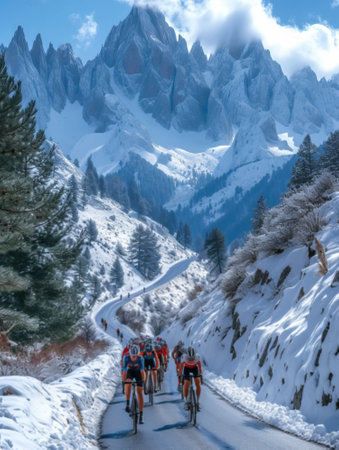A group of cyclists competes on a mountain road with a stunning alpine backdrop.の素材