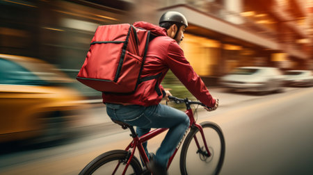 A cyclist in motion, delivering goods in an urban settingの素材
