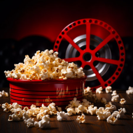 Vintage film projector and popcorn on dark cinema backgroundの素材