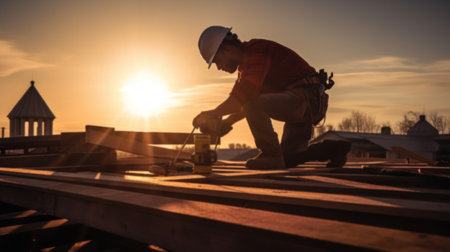 Builder or carpenter working on the roofの素材