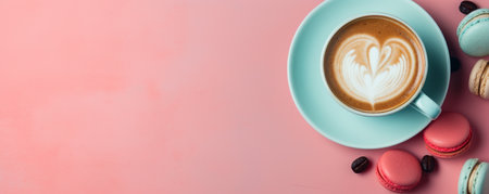 Macaroons cakes and cup of coffee creative layout on colorful background. Valentine day concept. Banner copy spaceの素材