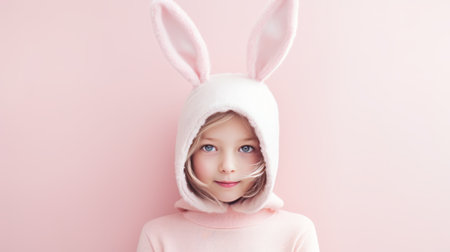 Beautiful little girl with rabbit ears on pastel background bannerの素材