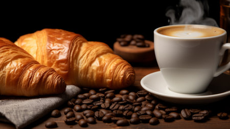 A cup of coffee and croissants copy spaceの素材