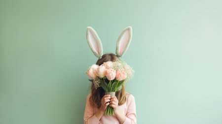 Cute little child wearing bunny ears holding flowers on Easter day . Easter girl portrait, funny emotions, surprise. Copyspace for text.の素材