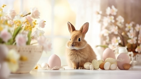Adorable Easter Bunny Among Pastel Eggs and Spring Flowers.の素材
