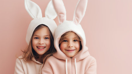 Beautiful little girl with rabbit ears on pastel background bannerの素材