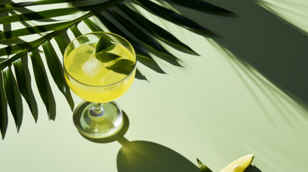 Crystal clear green cocktails amidst Monstera leaf shadows on a vivid green surfaceの素材